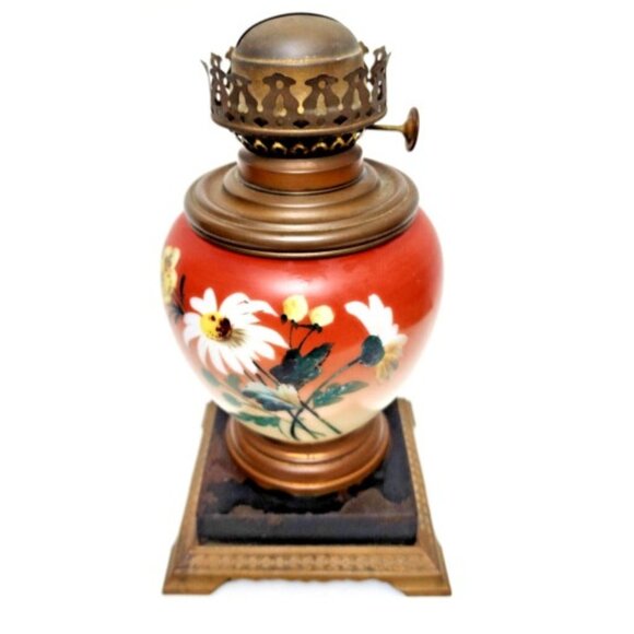 Handpainted Glass Body Victorian Oil Lamp Original Antique RARE Collectible - Picture 3 of 7